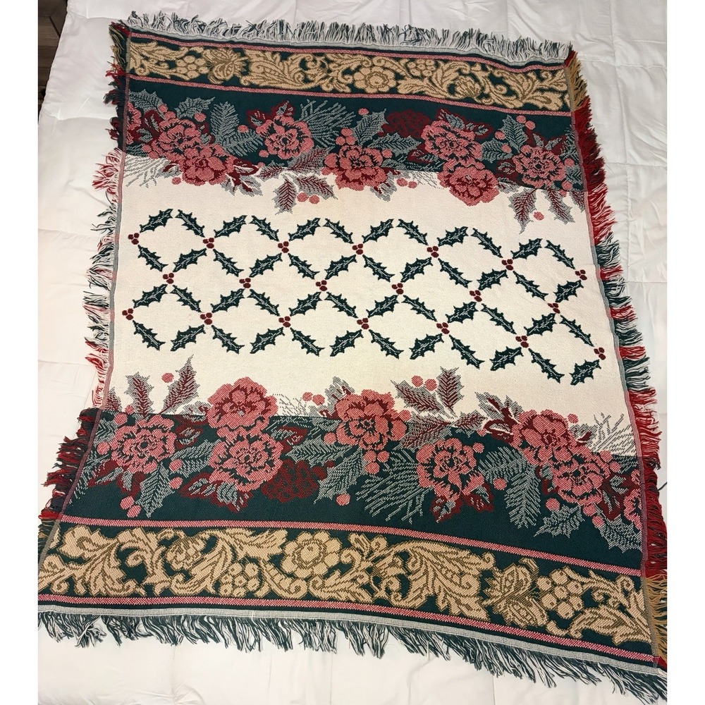 Vintage Christmas Tapestry Throw Blanket Afghan Holly Berry Floral Fringe 56x43